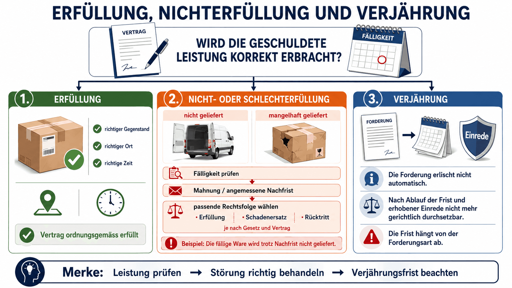 Prüfablauf für Erfüllung, Nicht- oder Schlechterfüllung und Verjährung einer vertraglichen Forderung