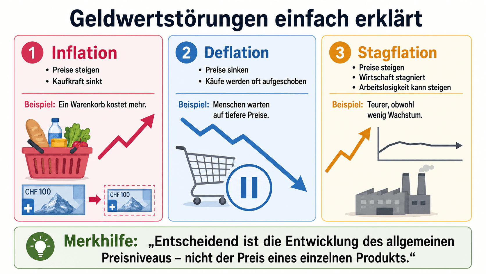 Vergleich von Inflation, Deflation und Stagflation mit Preisentwicklung, Kaufkraft und Wirtschaftslage