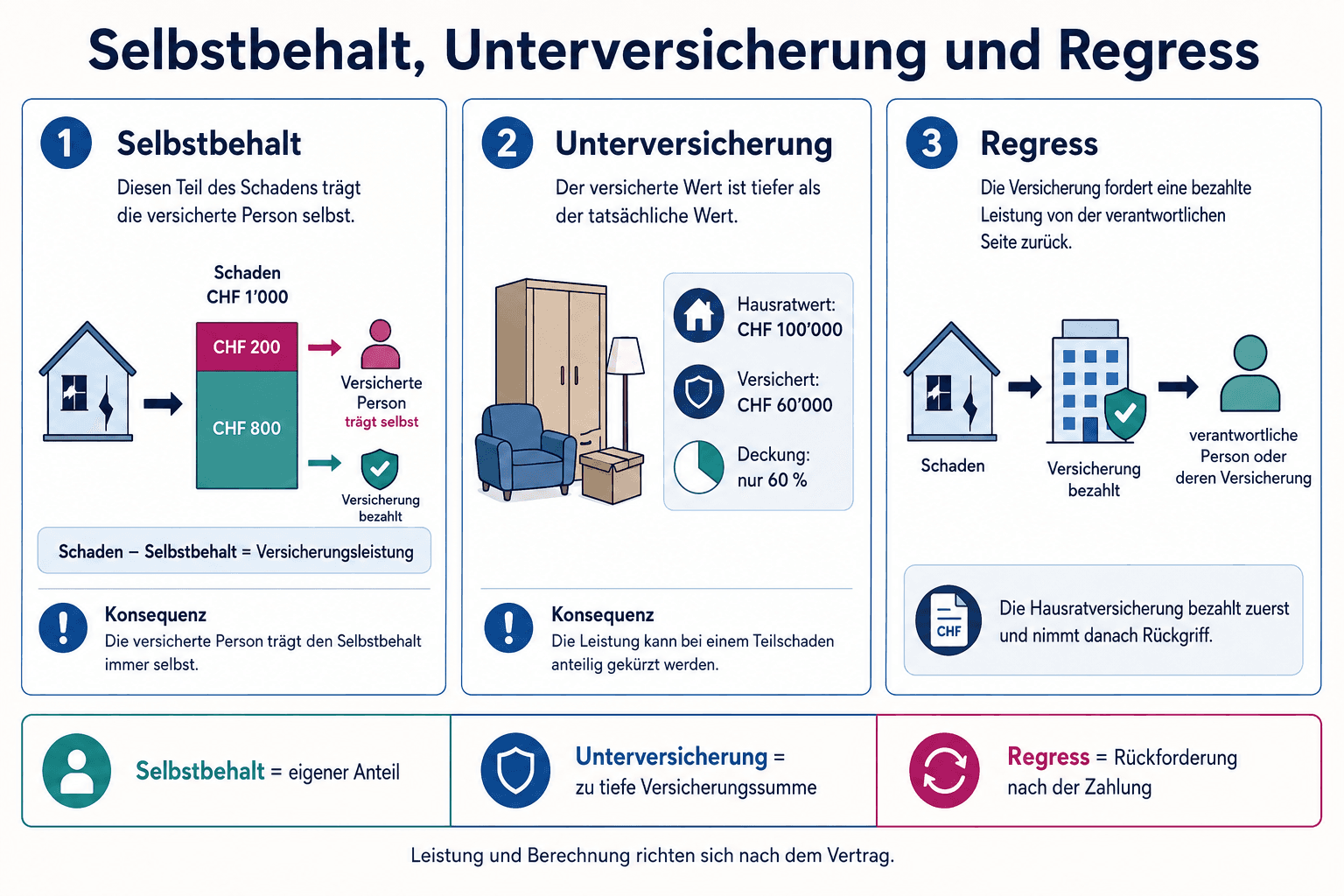 Infografik mit konkreten Beispielen zu Selbstbehalt, Unter- und Überversicherung sowie Regress