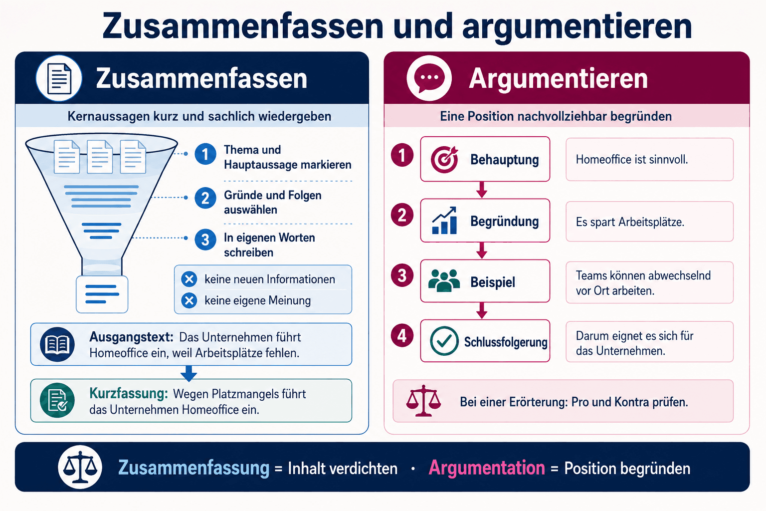 Vergleichsgrafik mit einer Methode und Beispielen zum Zusammenfassen und Argumentieren