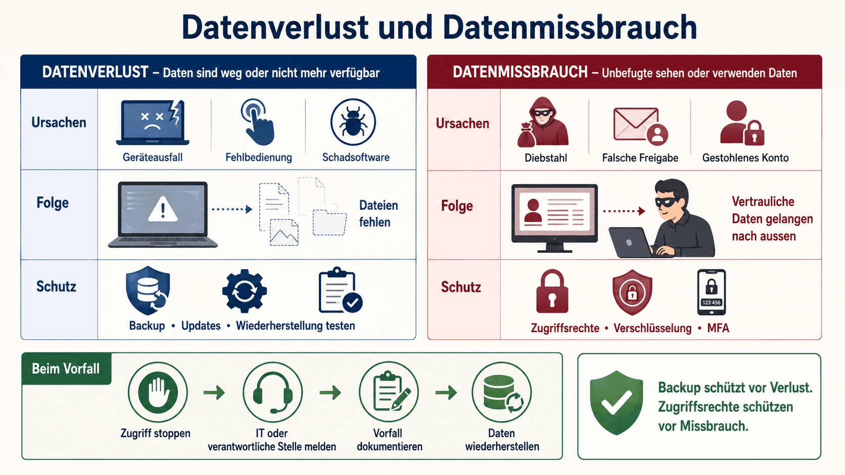 Infografik zum Unterschied zwischen Datenverlust und Datenmissbrauch mit Ursachen, Folgen, Schutzmassnahmen und Vorgehen beim Vorfall