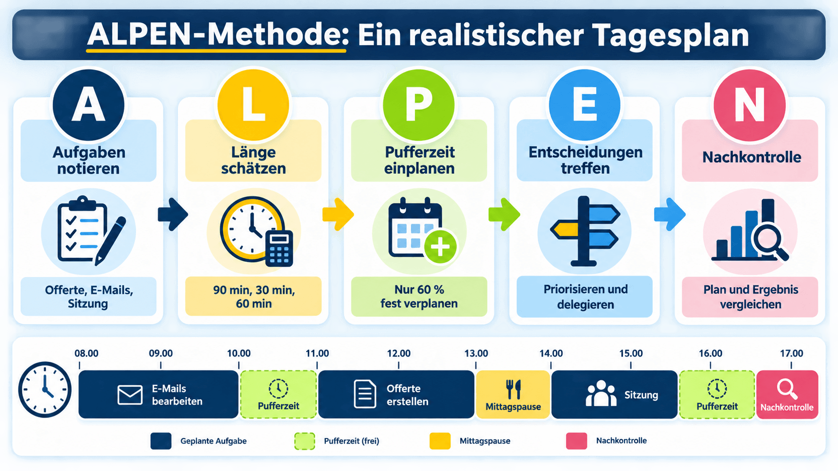 ALPEN-Methode mit fünf Planungsschritten und einem Tagesplan mit Aufgaben, Pufferzeit und Nachkontrolle