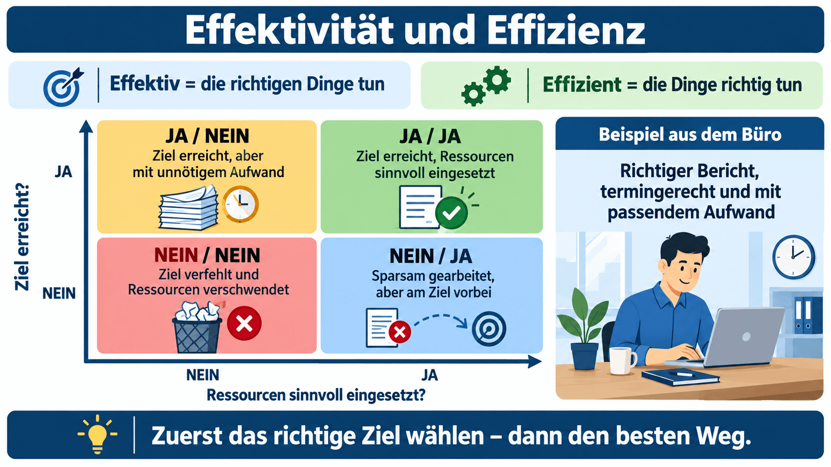 Vier-Felder-Matrix zum Unterschied zwischen Effektivität und Effizienz anhand von Zielerreichung und Ressourceneinsatz