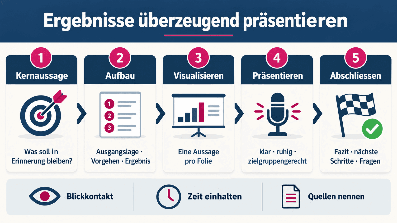 Fünf Schritte für eine überzeugende Ergebnispräsentation: Kernaussage, Aufbau, Visualisierung, Präsentation und Abschluss