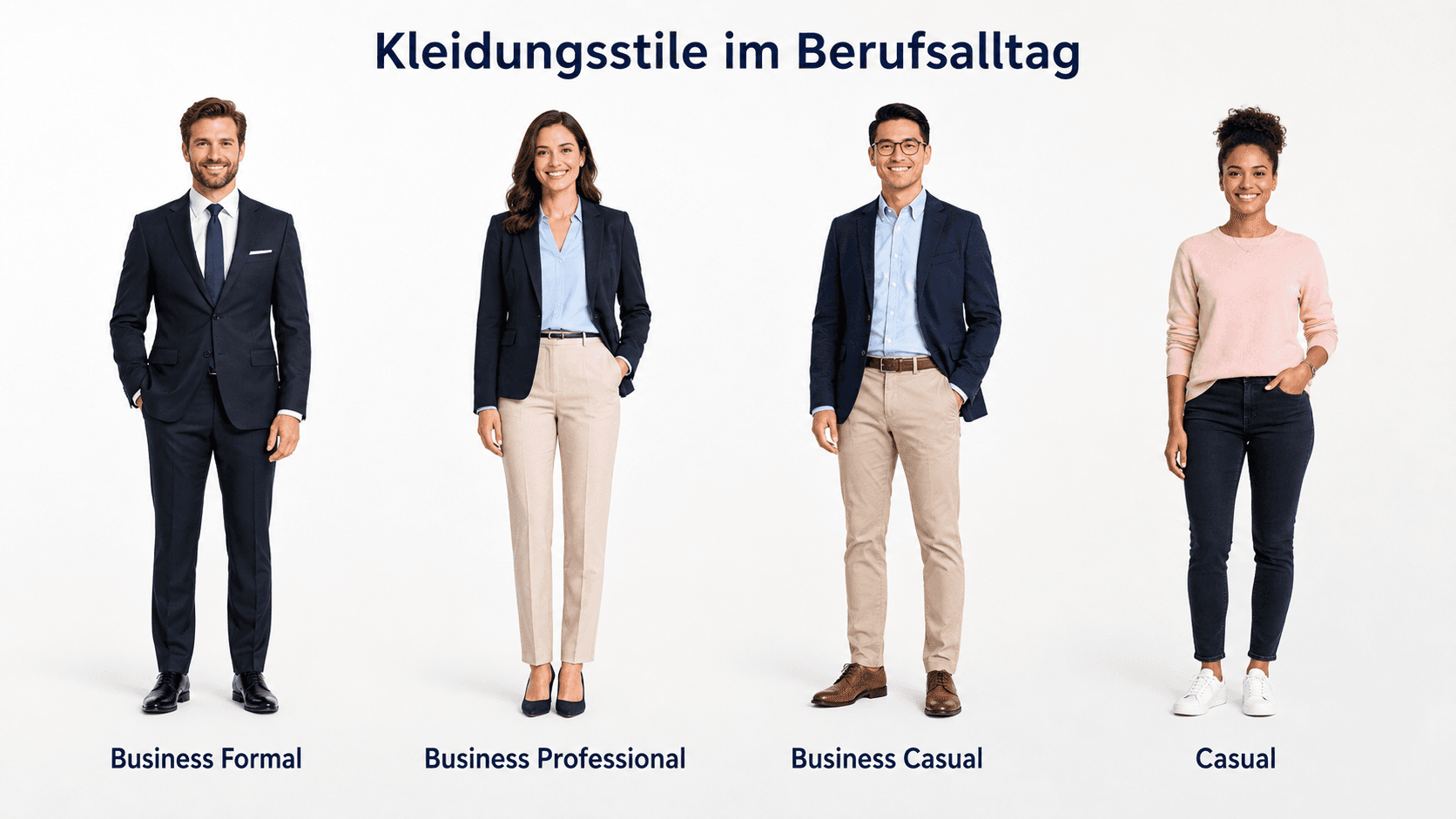 Vier Kleidungsstile im Berufsalltag: Business Formal, Business Professional, Business Casual und Casual
