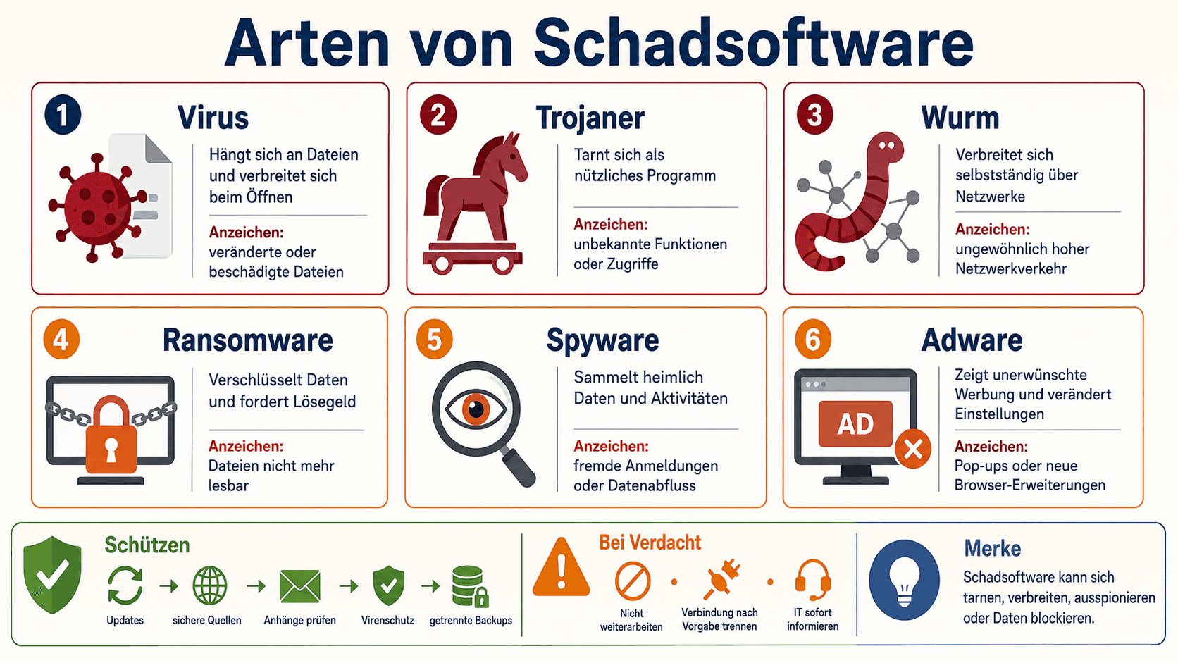 Infografik zu Virus, Trojaner, Wurm, Ransomware, Spyware und Adware mit Funktionsweisen, Anzeichen sowie Schutz- und Sofortmassnahmen