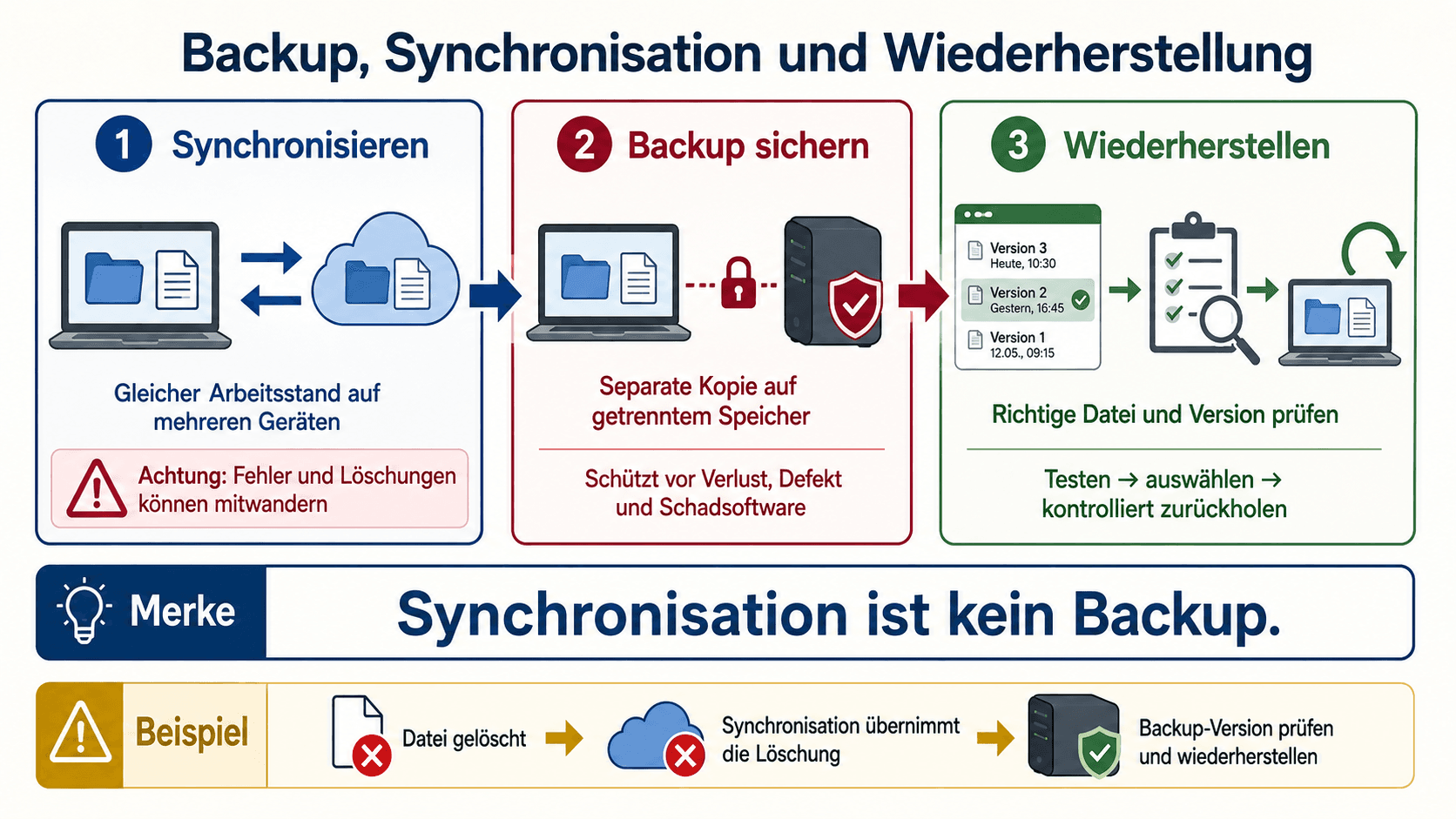 Infografik zum Unterschied zwischen Synchronisation, separatem Backup und kontrollierter Wiederherstellung einer früheren Dateiversion