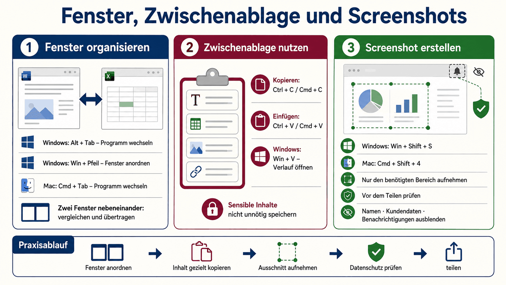 Infografik zum Organisieren von Fenstern, zur sicheren Nutzung der Zwischenablage und zum datenschutzkonformen Erstellen von Screenshots unter Windows und macOS