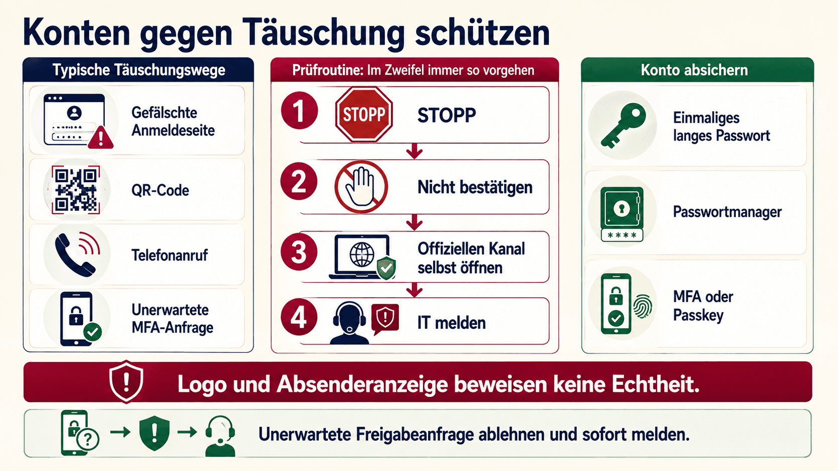 Infografik zu typischen Täuschungswegen, einer sicheren Prüfroutine und dem Schutz von Benutzerkonten