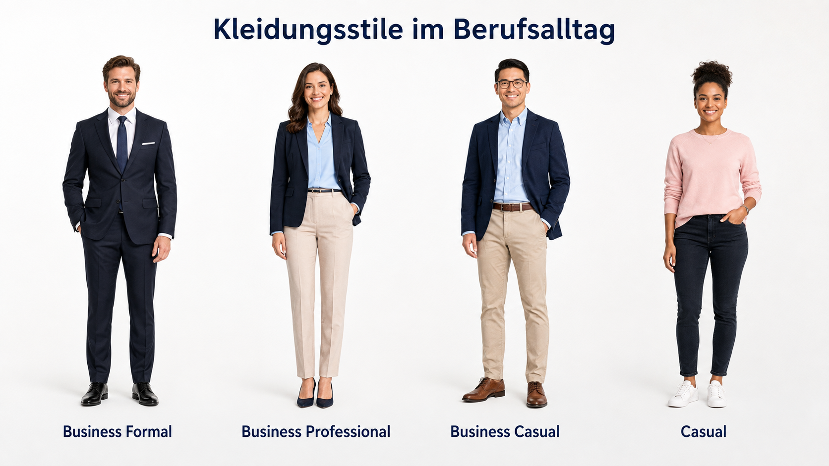 Vier Kleidungsstile von Business Formal bis Casual